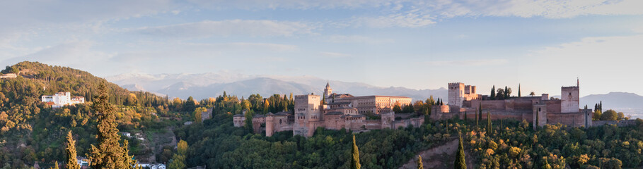 XXL landscape of Generalife and Alhambra with Sierra Nevada, Granada, Spain - obrazy, fototapety, plakaty