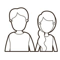 black thick contour caricature faceless front view half body couple woman with side ponytail hair and young man vector illustration