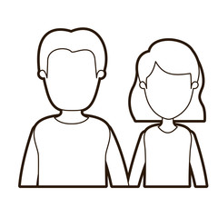 black thick contour caricature faceless half body couple woman with short hair and young man vector illustration