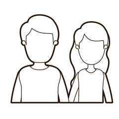 black thick contour caricature faceless half body couple woman with long wavy hair and man vector illustration