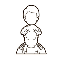 black thick contour caricature faceless front view half body bearded father with boy on his back vector illustration