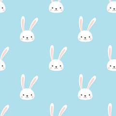 Seamless pattern Rabbit on sky blue background. Cute Rabbit face cartoon character flat design vector illustration.