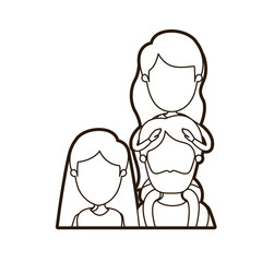 black thick contour caricature faceless front view half body family parents with girl on his back vector illustration