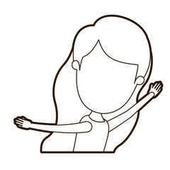 black thick contour caricature faceless side view half body girl with long wavy hair and hands up vector illustration