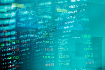 Fototapeta premium Digital data indicator analysis on financial market trade chart on LED. Concept Stock data trade. Double exposure style