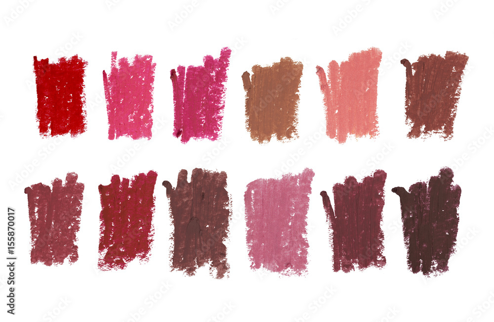 Wall mural Color stroke samples of different colors and shapes of lips contour cosmetic pencils, beauty products isolated on white background