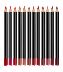 Naklejka premium Twelve lips contour cosmetic pencils, beauty products isolated on white background, clipping path included