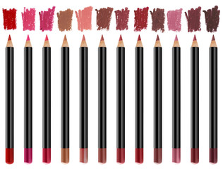 Twelve lips contour cosmetic pencils with color stroke samples, beauty products isolated on white background, clipping path included