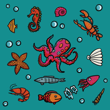 Marine life in cartoon style on a blue background. Lobster, shrimps, snails, sea cabbage etc.