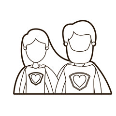 black thick contour caricature faceless half body couple female and male super hero with heart symbol in uniform vector illustration