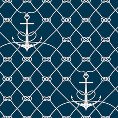 Nautical rope seamless fishnet pattern with anchors on dark blue background, cord grid