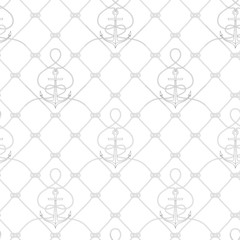 Nautical rope seamless fishnet pattern with anchors on white background, cord grid