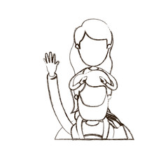 blurred thin contour caricature faceless half body super dad hero greeting with girl on his back vector illustration