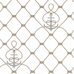 Nautical rope seamless fishnet pattern with anchors on white background, cord grid