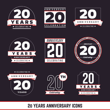 20 years anniversary emblems collection. Vector illustration.