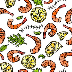 Seafood Seamless Pattern. Shrimp or Prawn, Herbs and Lemon. Isolated On a White Background Doodle Cartoon Vintage Hand Drawn Sketch Vector Illustration.