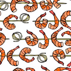 Seamless Shrimp on Wood Stick, Prawn Kebab, Seafood BBQ, Canapes. Isolated On a White Background Doodle Cartoon Vintage Hand Drawn Sketch