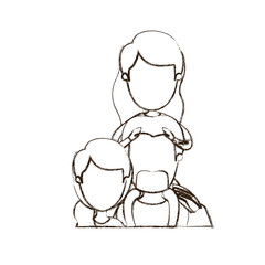 blurred thin contour caricature faceless half body family with mother and father with moustache and girl on his back vector illustration