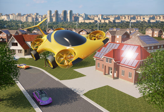 Personal Air Vehicle Flying Above A Solar Powered City, Flying Car Of The Future 3d Concept, Futuristic Vehicle Above A Settlement, Air Car Concept - 3D Rendering
