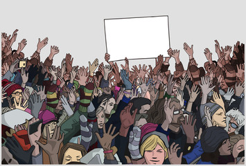 Illustration of crowd protest with blank signs - obrazy, fototapety, plakaty