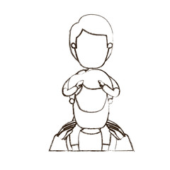 blurred thin contour caricature faceless front view half body bearded father with boy on his back vector illustration