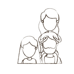 blurred thin contour caricature faceless front view half body family parents with girl on his back vector illustration