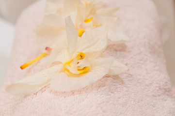 towel with flowers decoration for a SPA treatment
