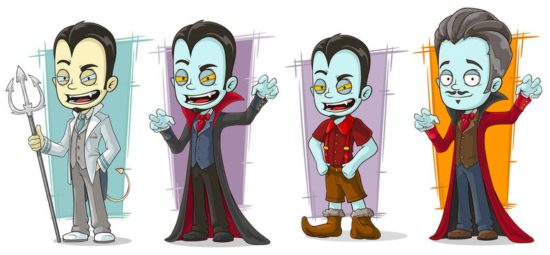 Cartoon scary pale vampire family characters vector set