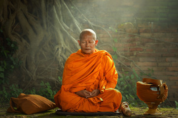 Buddhist monks are reading Novice learning,Thailand,vintage style - obrazy, fototapety, plakaty