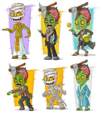 Cartoon zombie and mummy monster character vector set