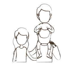 blurred thin contour caricature faceless front view half body family with wavy long hair woman and bearded man with boy on his back vector illustration