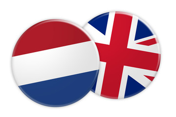 News Concept: Netherlands Flag Button On UK Flag Button, 3d illustration on white background