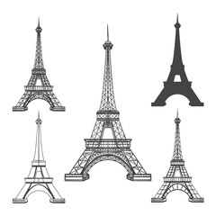 Fototapeta na wymiar Eiffel tower icons isolated on white background. French Paris towers black silhouettes vector illustration
