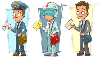 Cartoon postman with letter and bag character vector set