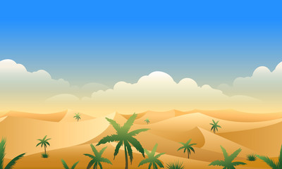 Desert panorama horizontal seamless pattern. Deserts rough terrain horizon landscape with sand dunes and palm trees vector illustration