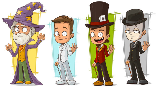 Cartoon magician wizard and mime character vector set