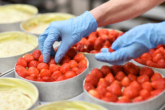 Herstellung von Erbeertorten in einer Gro&szlig;b&auml;ckerei // Making of strawberry cake in a big bakery