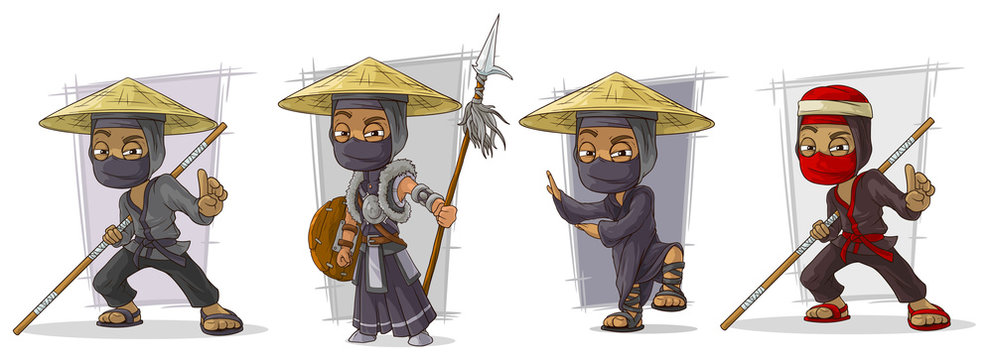 Cartoon masked ninja warriors character vector set