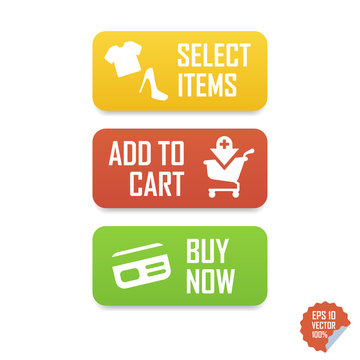 Add To Cart, Buy Now, Select Items E-commerce Buttons. Isolated Buttons For Website Or Mobile Application.