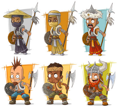 Cartoon cool warriors with shield and spear character vector set
