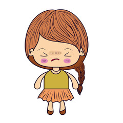 colorful silhouette of kawaii little girl with braided hair and facial expression angry with closed eyes vector illustration