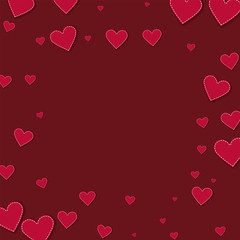 Red stitched paper hearts. Square scattered frame on wine red background. Vector illustration.
