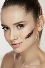 Beauty Cosmetics. Young Woman With Stripe Of Coffee Mask On Skin