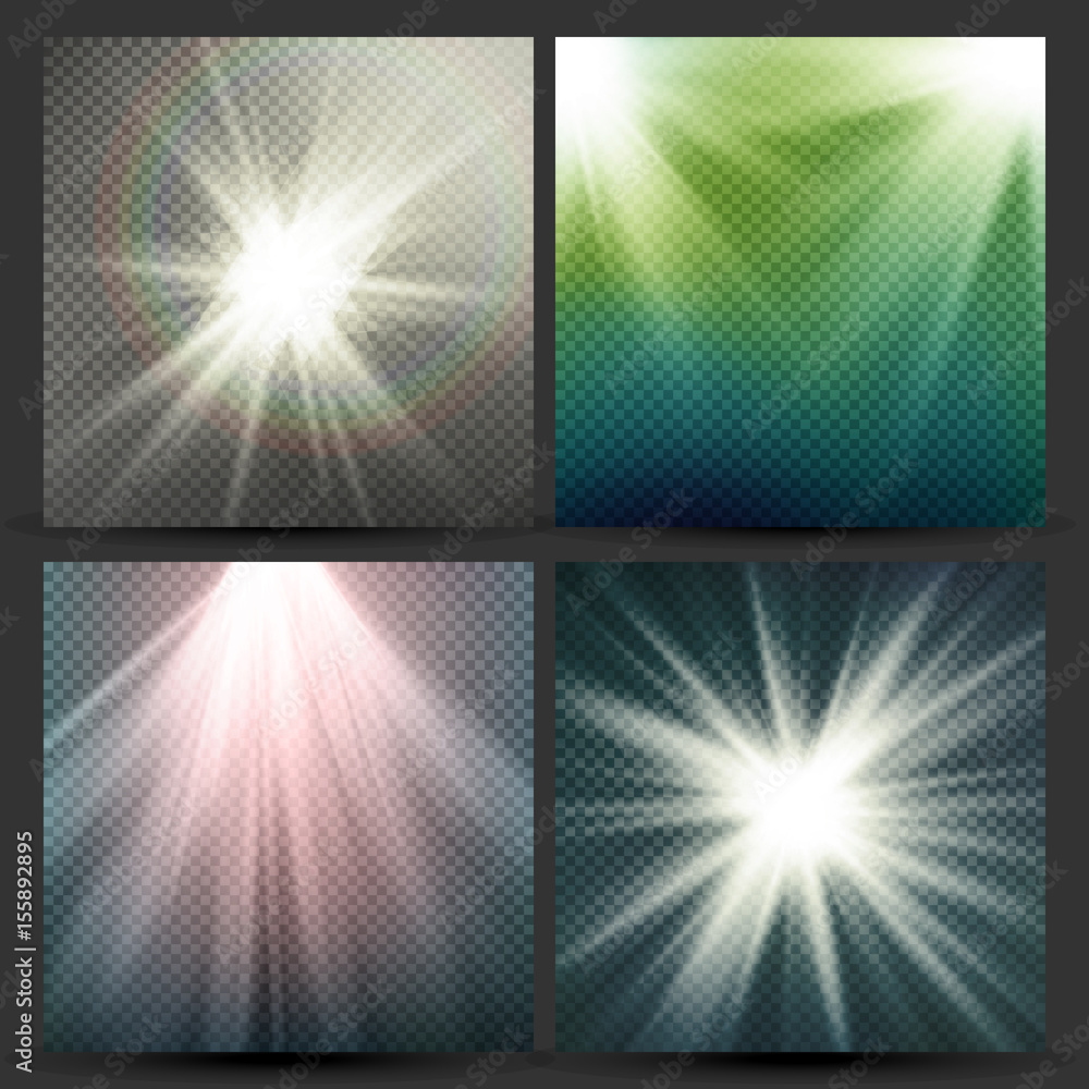 Poster light beam rays vector set. sun flash with rays. glow light effect. vector illustration