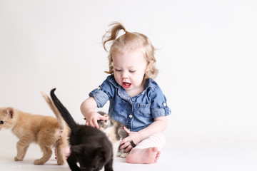 Fototapeta na wymiar Cute toddle girl plays with baby kittens