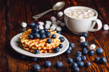 Belgian Waffles with Blueberry and Cup of Hot Chocolate and Marshmallow.