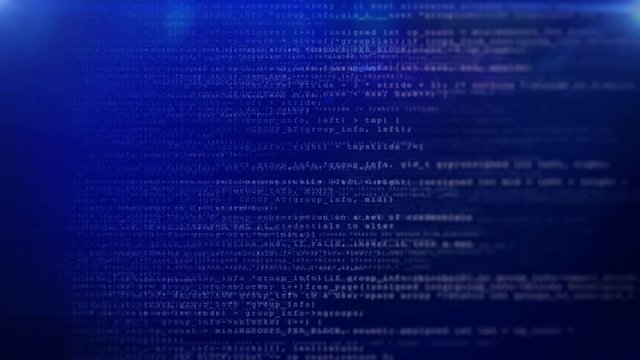Digital computer Data Code Text.Hacking techno text on blue background.With lights and optical effects.