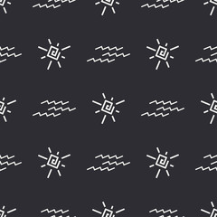 Flat monochrome vector seamless summer sun pattern. Fabric textile summer pattern. Cute doodle summer pattern with sun and waves. Vector illustration and element for your design and wallpaper.