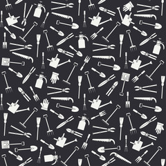 Seamless flat pattern with garden tools icons. Vector illustration. Elements for design. Garden hand work tools collection. Graphic texture for design and wallpaper. Silhouette garden tools pattern.