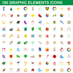 100 graphic elements icons set, cartoon style